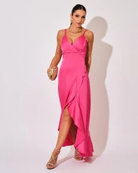 Vestido Midi Babado Acetinado Pink