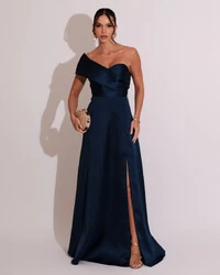 Vestido de Festa longo Faixa Ombro e Fenda Zibeline Azul Marinho