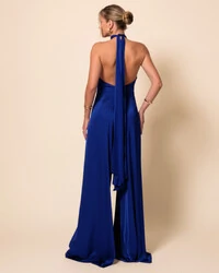 Macacão de Festa Longo em Cetim Fluido com Gola Alta e Lenço Azul Royal New