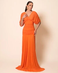 Vestido de Festa Longo Tule Manga Curta Drapeado Laranja