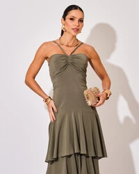 Vestido Longo Crepe com Babado em Camadas Verde Oliva