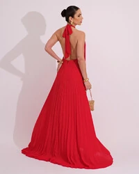 Vestidos de Festa Longo Chiffon Fluido Frente Única Plissado Duplo Vermelho