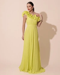 Vestido de Festa um Ombro Só Flor Saia Plissado Verde Lima