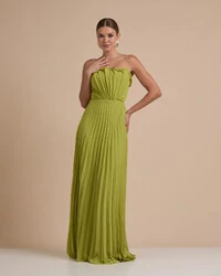 Vestido de Festa Longo Tomara que Caia Plissado Detalhe Verde Pistache