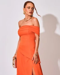 Vestido de Festa Longo Alfaiataria Ombro a Ombro Drapeado com Fenda Laranja