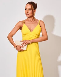Vestido de Festa Longo Plissado Crepe Chiffon com Alça Amarelo