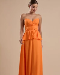 Vestido de Festa Longo Crepe Chiffon Tomara que Caia Peplum Drapeado Laranja