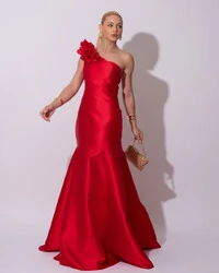 Vestido de Festa Longo Zibeline um Ombro Só Flor Removível Saia Sereia Vermelho