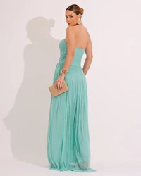 Vestido de Festa Longo Tule Brilho Tomara que Caia Recortes Tiffany