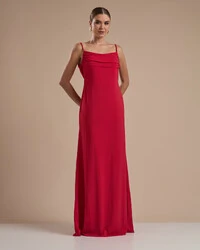 Vestido de Festa Longo Crepe Chiffon Costas Lenço Cauda Vermelho