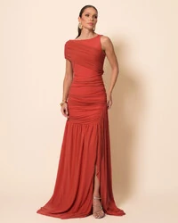 Vestido de Festa Longo Tule Faixa Detalhe Drapeado Terracota