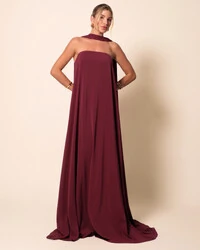 Vestido de Festa Longo Crepe Tomara que Caia com Lenço Marsala