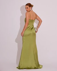 Vestido de Festa Longo Cetim Alfaiataria Fenda Drapeada Verde Lima