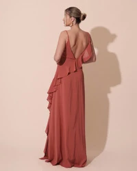 Vestido de Festa Longo Crepe Chiffon Degagê com Fenda e Babado Cascata Terracota