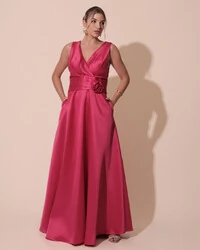 Vestido de Festa Longo Plus Size Zibeline Faixa e Flor Pink New