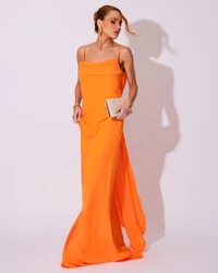 Vestido de Festa Longo Crepe Chiffon Costas Lenço Cauda Laranja