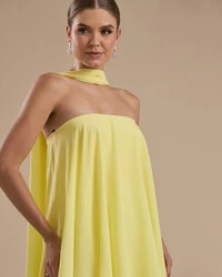 Vestido de Festa Longo Chiffon Crepe em Camadas com Lenço Amarelo Manteiga