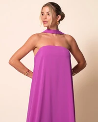 Vestido de Festa Longo Crepe Tomara que Caia com Lenço Fúcsia