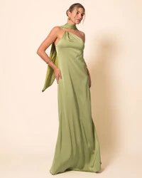 Vestido de Festa Longo em Cetim Fluido um Ombro Só com Lenço Verde Pistache