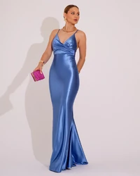 Vestido de Festa Longo Malha Cetim Busto Drapeado Saia Sereia Azul