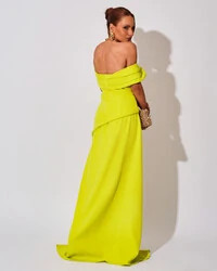 Vestido de Festa Longo Alfaiataria Ombro a Ombro Drapeado com Fenda Verde Lima