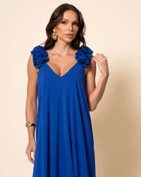Vestido de Festa Longo Crepe Chiffon Fluido Decote em V Flores Azul Royal