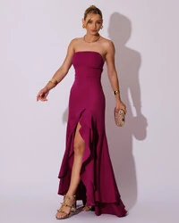 Vestido Longo com Fenda de Babados Alfaiataria Fúcsia Beterraba