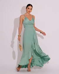 Vestido Midi Babado Acetinado Verde Menta