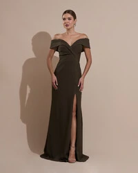 Vestido de Festa Longo Alfaiataria Ombro a Ombro com Fenda Verde Oliva