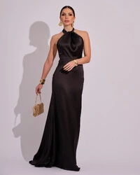 Vestido de Festa Longo em Cetim Alfaiataria com Elastano Frente Única Preto