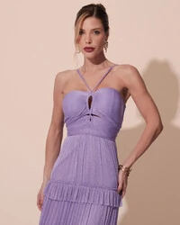 Vestido de Festa Longo Tule com Saia Babado Lilás