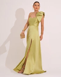 Vestido de Festa Longo em Zibeline com Laço Removível Verde Lima