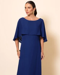 Vestido de Festa Longo Crepe Chiffon com Capa e Degagê nas Costas Azul Marinho