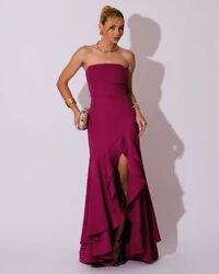 Vestido Longo com Fenda de Babados Alfaiataria Fúcsia Beterraba