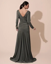 Vestido de Festa Longo Malha Degagê Drapeado Manga Longa Verde Oliva