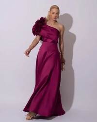 Vestido de Festa Longo Zibeline um Ombro Só Flor Drapeado Fúcsia