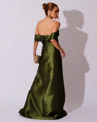 Vestido de Festa Longo Zibeline Ombro a Ombro Drapeado e Fenda Verde Oliva