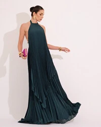 Vestidos de Festa Longo Chiffon Fluido Frente Única Plissado Duplo Verde Escuro