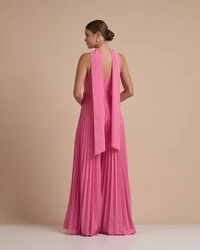 Macacão de Festa Longo Crepe Chiffon Tomara que Caia Plissado com Lenço Rosa