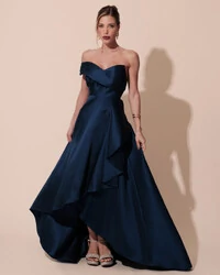 Vestido de Festa Longo Zibeline um Ombro Só Mullet Azul Marinho