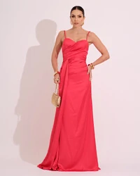 Vestido de Festa Longo Cetim Alfaiataria Fenda Drapeada Coral