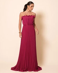 Vestido de Festa Longo Tomara que Caia Plissado Detalhe Cereja