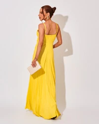Vestido de Festa Longo Plissado Crepe Chiffon com Alça Amarelo