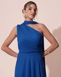 Vestido de Festa Longo Crepe Chiffon Um Ombro Só Drapeado com Lenço Azul Royal