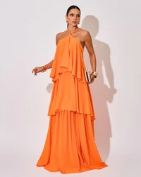 Vestido Longo Crepe Chiffon Babado em Camadas Laranja Manga