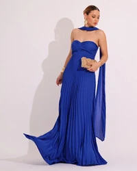 Vestido de Festa Longo Tomara que Caia Plissado com Lenço Azul Royal