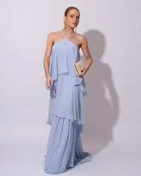 Vestido Longo Crepe Chiffon Babado em Camadas Serenity