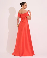 Vestido de Festa Longo Ombro a Ombro Laço Zibeline com Fenda Laranja