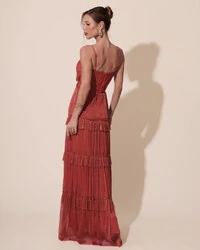 Vestido de Festa Longo Tule com Saia Babado Terracota