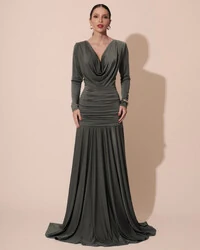 Vestido de Festa Longo Malha Degagê Drapeado Manga Longa Verde Oliva